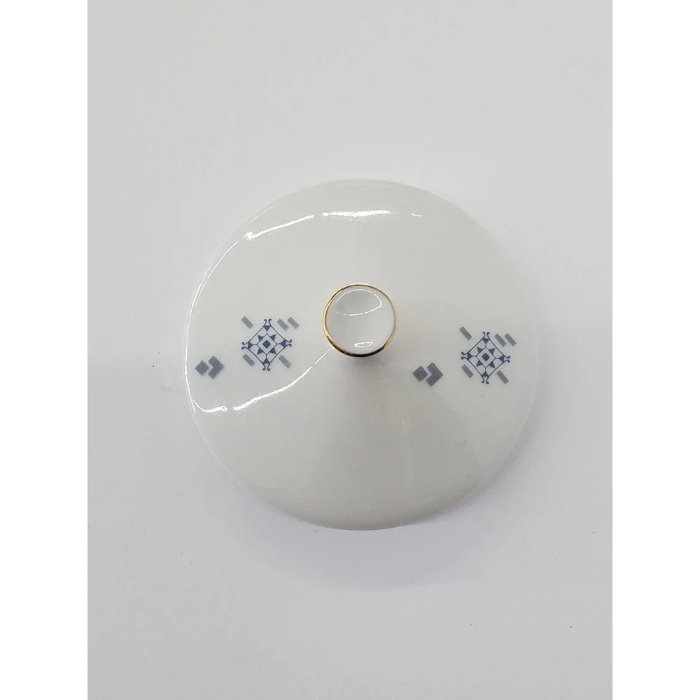 Vintage White Ceramic Replacement Lid Blue Silver Geometric Gold Finial 3.25in